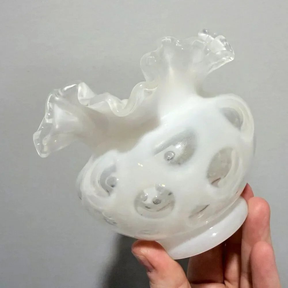 Vintage White Opalescent Coin Dot Glass Vase Ruffled Edge Art Glass Milk Glass